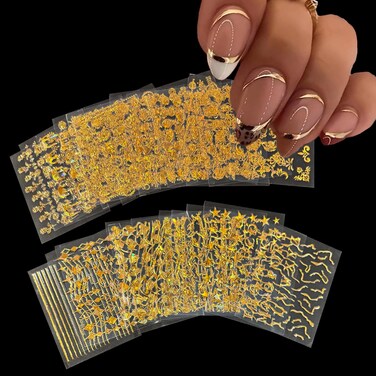 30 Sheets Gold Nail Stickers Decals 3D Self-Adhesive Gold Flower Nail Decals Gold Star Nail Art Stickers Aurora Line Nail Art Stickers for Nail Design Decoration Accessories for Women and Girls