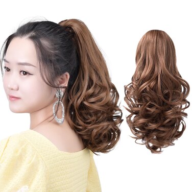 Brown Ponytail Hair Extensions Synthetic Claw Clip Pony Tail 14" Wavy 4.2 Oz Fake Hairpieces Women&amp;Girls Yaki Fluffy&not; Tangled