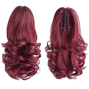 HSPJHTM Burgundy Ponytail Extensions,Claw Cilp Ponytails Extension for Women Curly 12" Synthetic Wine Red Pony Tail Wavy Halloween Fluffy Hairpiece for Daily Use