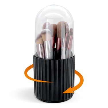 Makeup Brush Holder Organizer with Lid 360 Rotating Dustproof Storage Organizer, 5-Slot Makeup Brush Cup, Multifunctional Pen Holder for Makeup Brush Mascara or Eyeliner(Black)