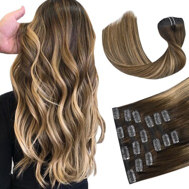 HUAYI Hair Extensions Real Human Hair Ombre Medium Brown with Caramel Blonde Balayage 120g 20 inch Highlights 100% Real Hair Extensions for Women Beauty Clip ins #4/27/4 Balayage Brown to Blonde