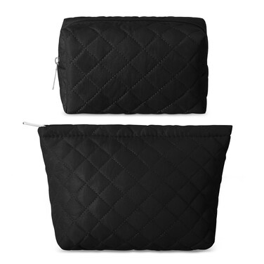 2 Pcs Quilted Makeup Bag Aesthetic Cosmetic Pouch for Women Puffer Travel Toiletry Bag Set Cotton Small Purse Pouch Pencil Case Makeup Organizer with Zipper(Black)