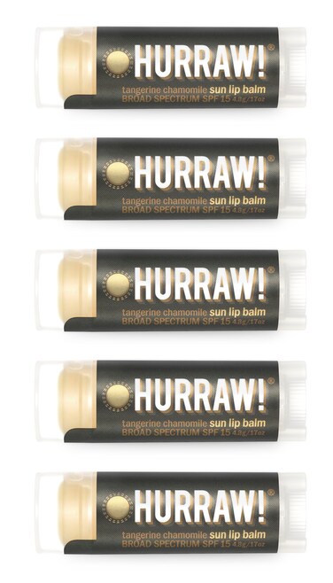 Hurraw! Sun Lip Balm (Zinc Oxide Protection, Broad Spectrum SPF 15, Tangerine, Chamomile), 5 Pack: Organic, Certified Vegan, Gluten Free. Non-GMO, All-Natural. Bee, Shea, Soy &amp; Palm Free. Made in USA
