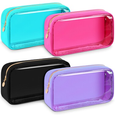 Hushee 4 Pcs Clear Nylon Makeup Bag for Women Gifts Preppy Cosmetic Bag PVC Travel Toiletry Zipper Pouch Waterproof Storage Organizer Pouch for Women(Small)