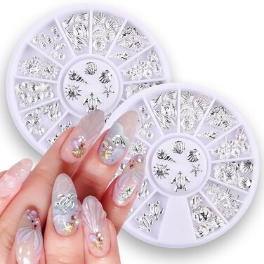 2 Disc 3D Silver Nail Charms, Beach Starfish Sea Seashell Nail Art Studs Rivet Alloy 3D Nail Gems Metallic Jewelry Decoration for Manicure DIY Nail Accessories (12 Style-Ocean)