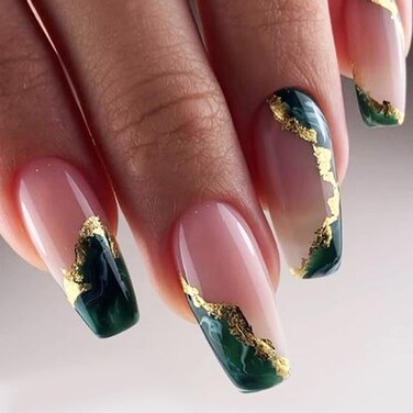 Dark Green Press on Nails Gel Glue on Nails for Manicure Art. Glossy Gold Glitter Acrylic False Nails With Marble Design. Curve Medium Coffin Full Cover Fake Nails Stick on Nails for Women Girls 24Pcs