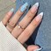 Summer Beach Press on Nails 24 Pcs 3D Style Acrylic Fake Nails Medium Almond Glossy Blue French Tips False Nails Gel Glue on Nails Manicure Flower Curve Line Stick on Nails for Coquette Women Girls