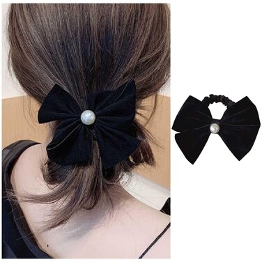 French Pearl Bow Hair Rope Ties Pearl Ponytail Holder Hair Tie Black Bow Hair Scrunchies Elastic Bow Pearl Hair Rope Band Ribbon Bow Hair Rubber Band Decorative Hair Accessories (Velvet Bow)