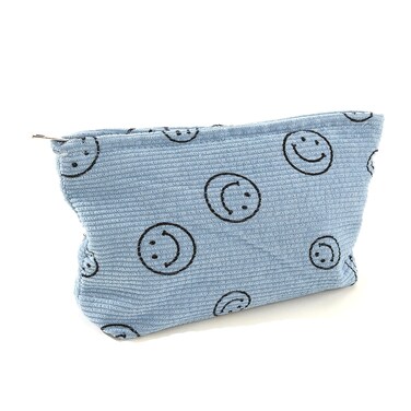 Cute Corduroy Smiley Face Makeup Bag ，Large Capacity Toiletry Bag with Zipper for Women Perfect Makeup Bag Organizer (Smiley Face Blue)