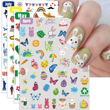12 Months All Holiday Nail Stickers, 24 Sheets Seasonal Variety Pack 2 Pcs Per Month DIY Nail Art, Self-Adhesive Pegatinas U&ntilde;as for a Year of Halloween Christmas Thanksgiving&amp;Valentine&rsquo;s Day