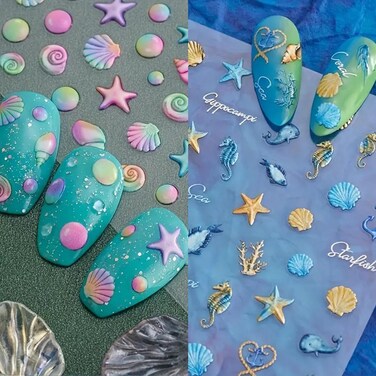 5 Sheets 5D Embossed Seashell Starfish Nail Art Stickers, Self-Adhesive Marine Life Nail Decals, Summer Ocean Design DIY Decorations