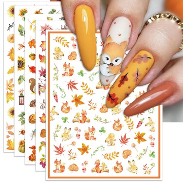 Fall Nail Art Stickers, Thanksgiving Day Nail Decals, 3D Self-Adhesive Maple for DIY Autumn Nail Supplies Decoration(6 Sheets)