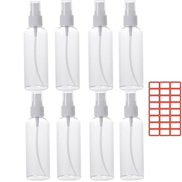 Small Spray Bottle, FOME 8 Pack 100ml/3.5 oz Travel Spray Bottle Clear Plastic Refillable Empty Fine Mist Spray Bottle with 24pcs Labels for Travel, Cleaning, Gardening, Skin Care
