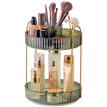 IJIAMY Makeup Brush Holder Organizer, Rotating Makeup Organizer 2 Tier Lazy Susan Trays Makeup Brush Holder for Bathroom Counter Vanity
