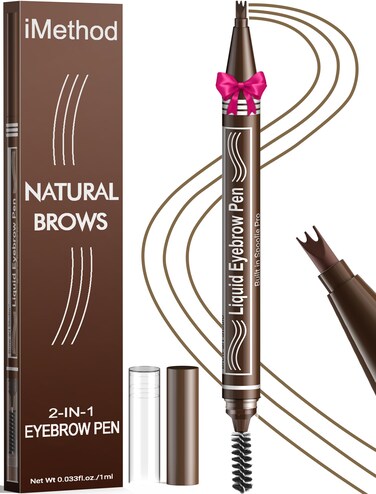 iMethod Microblading Eyebrow Pen - Eyebrow Pencil 2-in-1 Dual-Ended Eye Brow Pencils for Women with 3-Fork-Tip Applicator and Spoolie Brush Create Natural Hair-Like Defined Brows, Last All-Day, Brown