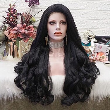 26 Inches Black Lace Front Wig Natural Long Wavy Synthetic Hair Wig for Cosplay Party Halloween (black)
