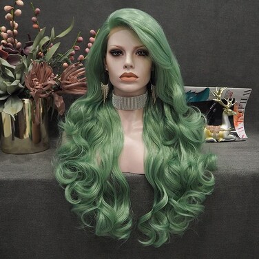 Green Cosplay Lace Front Wig Long Wavy Synthetic Wigs Heat Resistant Free Part 26 Inch Lace Front Synthetic Wig