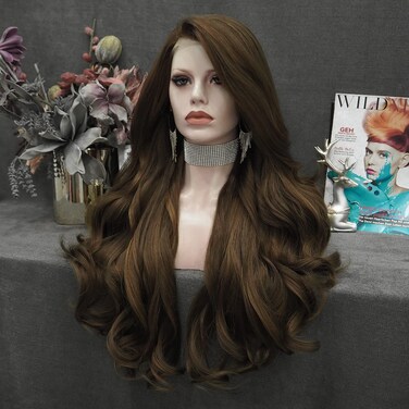 Synthetic Lace Front Wig Brown Long Wavy Natural Hairline Heat Resistant Wig for Women Drag Queen 26 inch
