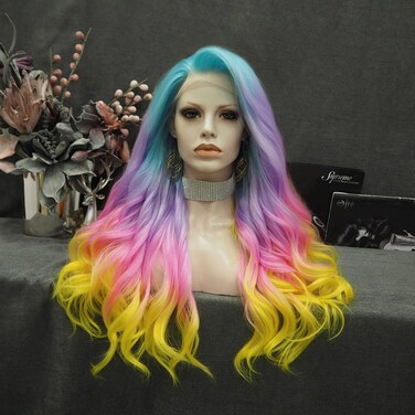Multi-Color Lace Front Wigs Rainbow Natural Wave Synthetic Wig for Cosplay Party Wig 26 inches