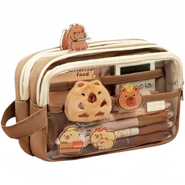 Kawaii Capybara Makeup Bag Kit, Plush Doll+20 Stickers+2 Brooches+Sticky Notes+Pendant, 9-Layer Large-Capacity Stationery Storage Bag (Brown)