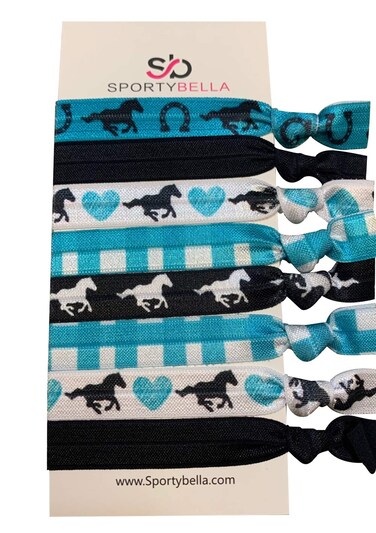Sportybella Girls Horse Hair Ties (Teal/Black) - No Crease, No Tug Elastics with Horse Design, Ponytail Gift for Equestrians, 8pcs
