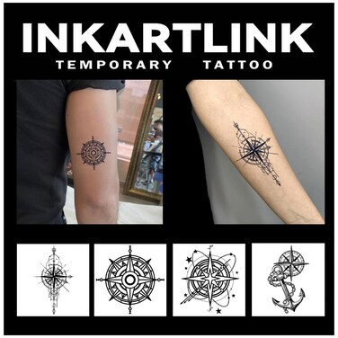 Tattoo Tech, 4 Sheets Semi Permanent Tattoo, Adult Art Design Temporary Tattoos, Lasts 1-2 Weeks, Waterproof, Realistic Look, No Adhesive, No Reflection (Compass Design)