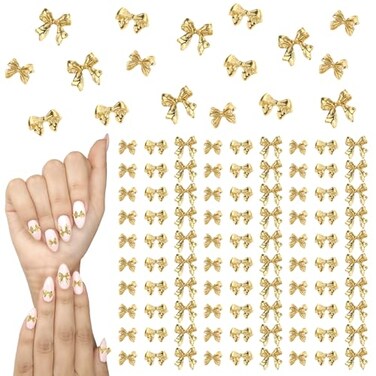 90Pcs Gold Bow Nail Charm, 3 Styles Bow Nail Charms 3D Bowknot Nail Cute Mini Alloy Bows Manicure Glitter Acrylic Nail Art Decorations Supplies for Women Girls Wedding Prom Decoration and Crafts DIY