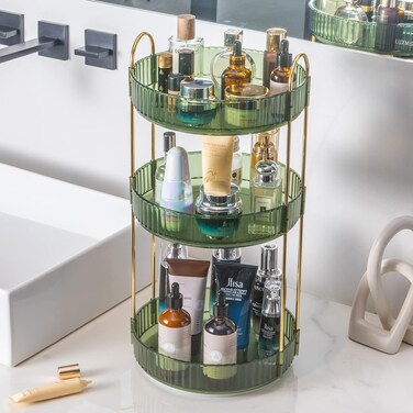 360&deg; Rotating Makeup Organizer, Bathroom Make Up Spinning Holder Rack, Large Capacity Cosmetics Storage Vanity Shelf Countertop, Fits Cosmetics, Perfume, Skincare(3 Tiers, Green)
