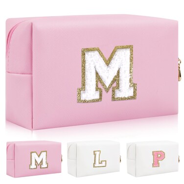 Personalized Initial Letter Patch Makeup Bag, Preppy Portable Chenille Letter Cosmetic Bag with Zipper, PU Leather Waterproof Travel Toiletry Bag Monogram Make Up Pouch for Women Girls(Letter M)
