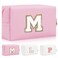 Personalized Initial Letter Patch Makeup Bag, Preppy Portable Chenille Letter Cosmetic Bag with Zipper, PU Leather Waterproof Travel Toiletry Bag Monogram Make Up Pouch for Women Girls(Letter M)