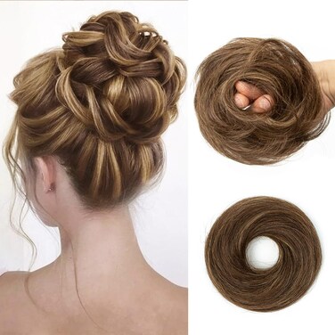 isheeny Messy Bun Hair 100% Human Hair Bun Extensions Brown with Highlights Messy Bun Hair Piece For Women, Perfect For Messy Bun Hair Extensions Fake Hair Bun Enhancer That Voluminous Natural