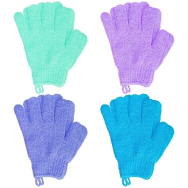 4 Pairs Bath Exfoliating Gloves Scrub, Double Sided Bath Mitts Scrubs for Shower, Body Scrubber Glove, Bathing Accessories for Spa, Massage (Green, Ocean Blue, Purple, Purplish Red)