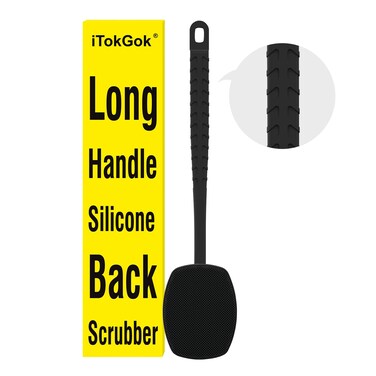 iTokGoK&reg; All New Premium Silicone Back Scrubber with Tire Anti-Slip Long Handle for Shower, Gentle Exfoliating and Massage Brush Scrubber for Sensitive Skin for Men and Women (Black)