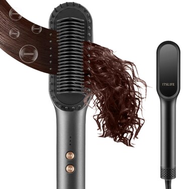 Itslife Hair Straightener Brush, Ring Hair Straightener Comb Straightening Brush for Women, 20s Fast Heating &amp; Temp Settings &amp; Anti-Scald, Gray