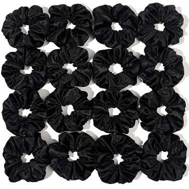16 Pcs Scrunchies for Women - Black Satin Silk Scrunchies for Girls Hair Ties Elastics Bands Ponytail Holder Hair Accessories