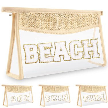 Clear Makeup Letter Patch Makeup Bag BEACH Pouch, Boho Clear Toiletry Bags Travel Small Cute Stadium Chenille Letter Cosmetic Zipper Pouch Purse, Transparent Waterproof Makeup Storage for Women(BEACH)