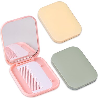 Folding Compact Pocket Mirror and Comb Set, Creative Kawaii Customized Portable Makeup Mirror, Ideal for Kids and Travel, Pink+green+yellow, J5051