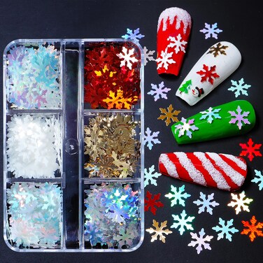 6 Grids Christmas Snowflakes Nail Glitter Sequins 3D Christmas Tree Snowflake Design Sparkly Nail Flakes Laser Snowflake Nail Decorations Winter Nail Art Supplies Decorations for Women