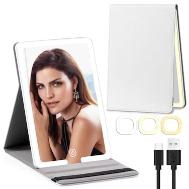 Lighted Makeup Mirror Rechargeable Travel Makeup Mirror of 8x5.5inch, Compact Travel Mirror PU Leather 1500mAh Light Up Vanity Mirror, Portable Tabletop Folding Cosmetic Mirror with Lights