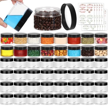 4oz Plastic Containers with Lids 48Pack, Jaisie.W Clear 4 oz Plastic Jars with Lids&amp;Labels- Refillable Cosmetic Small Containers with Black Screw Lid/Slime Containers (4 fl.oz, 48Pack)