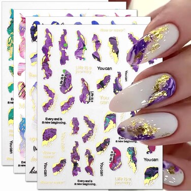 3D Marble Nail Stickers - 6 Color Marble Decals, Blooming Nail Art, Bronzing &amp; Watercolor Smudge Resistant, Self-Adhesive Gold Foil Designs