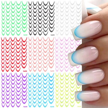 9 Colors French Tip Nail Stickers 3D French Nails Stickers Gradient French Tip Stickers for Nails Design French Tips Nail Decals for Nail Art Supplies French Nail Sticker French Manicure Stickers