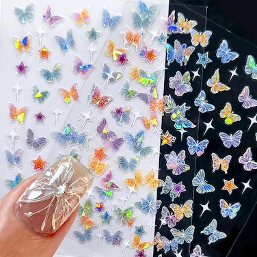 Jaliya Aurora Colorful 3D Laser Butterfly Nail Stickers for Nails, 2 Sheets, 2 Count, Adult Nail Art Enthusiasts