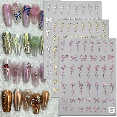 5D Ribbon Bow Nail Stickers Laser Pink Bowknot Nail Art Stickers for Nail Designs Bronzing Gold Silver Bow Nail Decals Cute Bow Stickers for Nails Sweet Nail Bows Self-adhsive Sticker Nails for Women