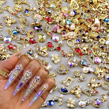 50pcs 3D Gold Nail Charms for Acrylic Nails Mix Styles Rhinestones for Nails Metal Nail Jewels for Nail Art Shiny Zircon Nail Rhinestones Alloy Nail Charm Pearl Nail Gems Cute Charms for Nails Design