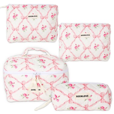 4 Pack Pink Bow Makeup Bag Coquette Bow Knot Floral Cotton Cosmetic Bag Cute Organizer Toiletry Bag with Zipper for Valentine's Day Women Party Gift Supplies