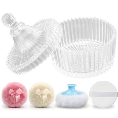 Baby Powder Puff and Container Set,Dusting Powder Container with 4 Pcs Powder Puff，Jaxbo Glass Powder Puff Jar for Face Body Wet Dry Makeup Soft Washable Reusable