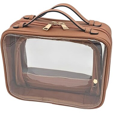 Clear Makeup Bag Toiletry Bag for Women Cosmetic Case Large Capacity Travel Make Up Bag Organizer Transparent Storage Compartment TSA Approved (BROWN)
