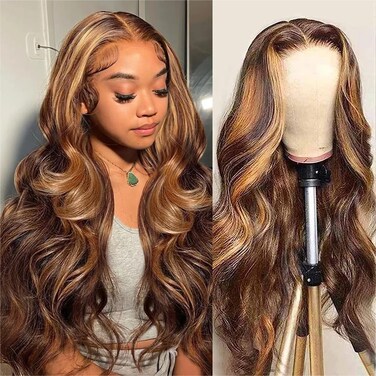 Highlight Ombre Lace Front Wig Human Hair 13x6 HD Transparent Lace Honey Blonde Frontal Wigs Pre Plucked with Baby Hair 180% Density 4/27 Colored Body Wave Lace Front Wig Human Hair 18 Inch