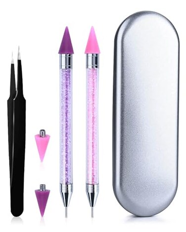 Rhinestone Picker Tool Wax Pencil for Rhinestones Diamond Painting DIY Nail Dotting Pen 2pcs Dual-Ended Rhinestones Pen with 2 Extra Wax Tips and 1 Tweezers for Gems Stones Crystals Art Crafts